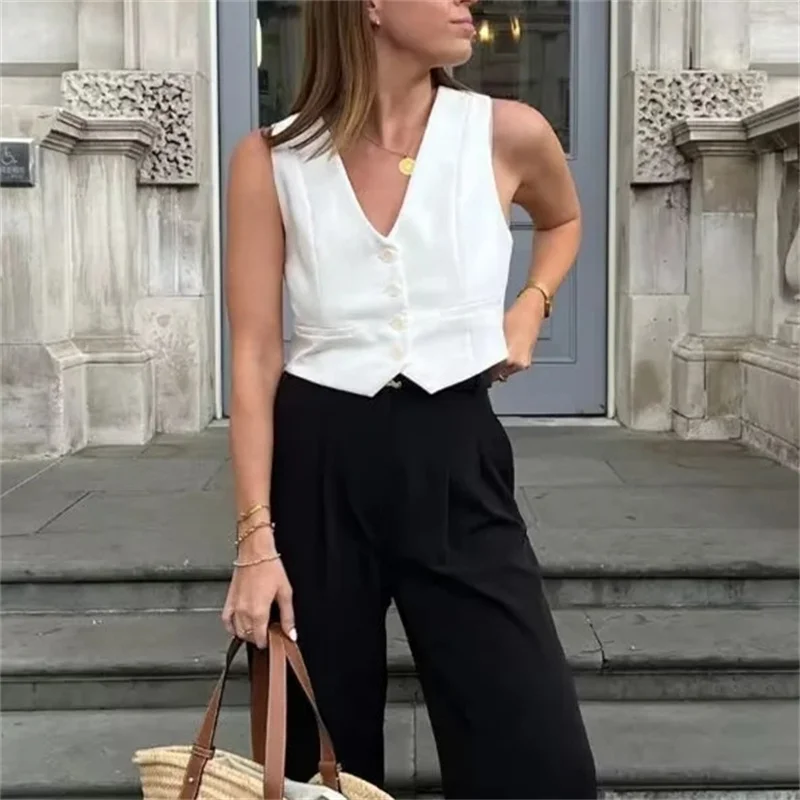 MUJER Damen Weste Schwarz Weiß Kurze Weste Top Damen V-Ausschnitt Ärmellose Weste Frau Mode Arbeits Sommer Anzug Weste Kurze Mäntel