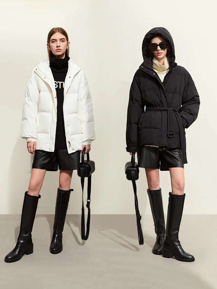 AMII Minimalist Women's Duck Down Jacket 2023 Winter New Thick Solid Hooded With Belt Down Cotton Padded Coat For Lady 12364003