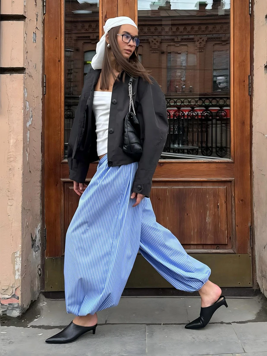 Wolfeel, новые летние женские хлопковые тонкие полосатые мешковатые брюки-фонарики, модные повседневные уличные брюки с эластичной резинкой на талии