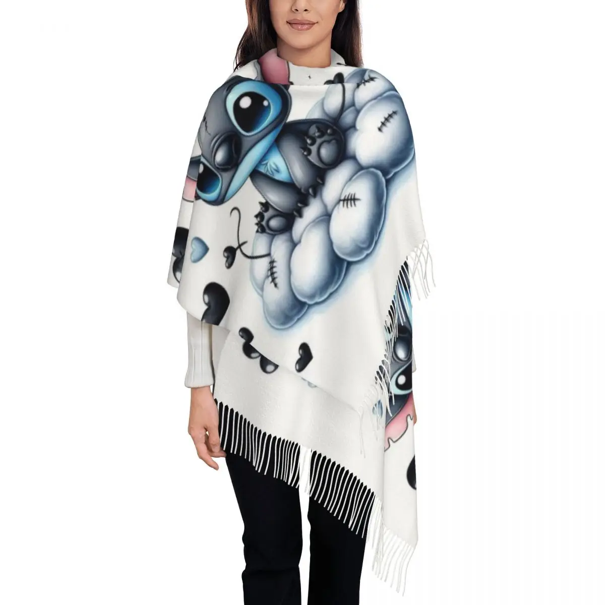 Custom SLilo And Stitch Cartoon Tassel Scarf Women Winter Fall Warm Shawl Wrap Lady Anime Scarves