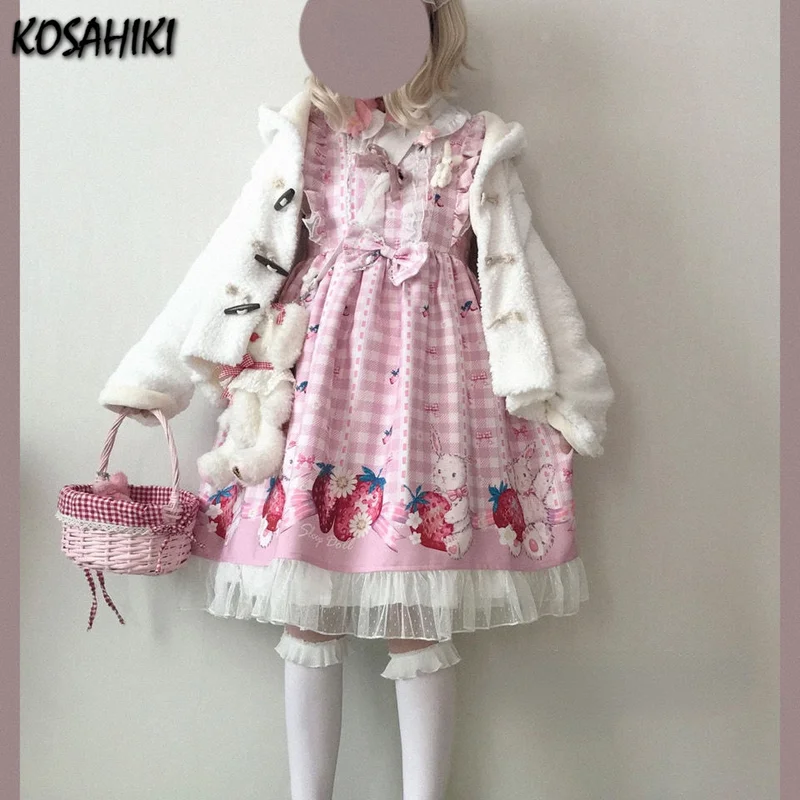 KOSAHIKI Japanisches Lolita-Kleid für Mädchen, Erdbeerhase, JSK-Kleider, Damen, Harajuku, ärmellos, niedlich, 2025, Cosplay, Vestido