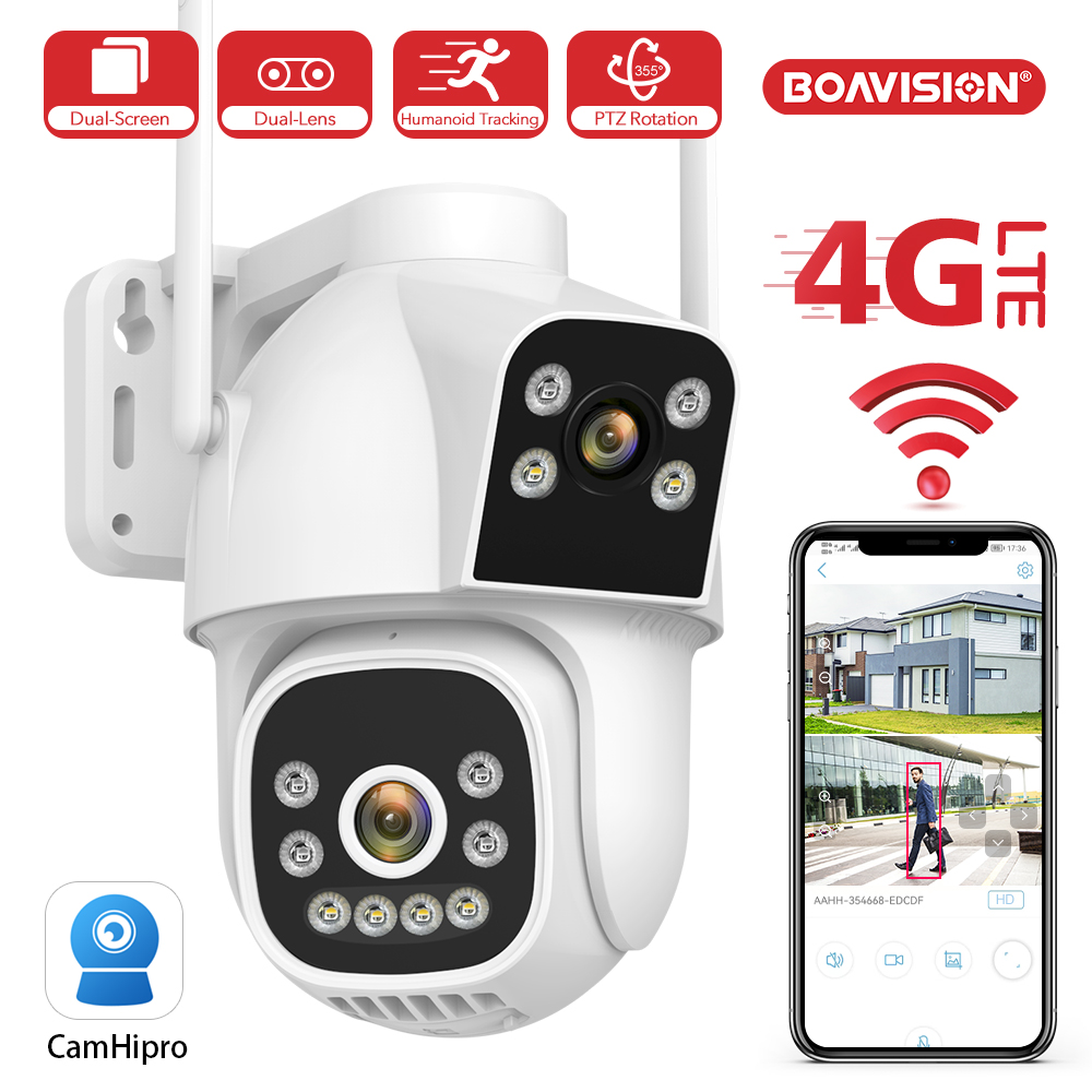 ru 4MP 4G Mini Wi-Fi Камера Двойной объектив Двойной экран AI Автоматическое отслеживание Открытый PTZ и фиксированная точка связи Цвет ночного видения