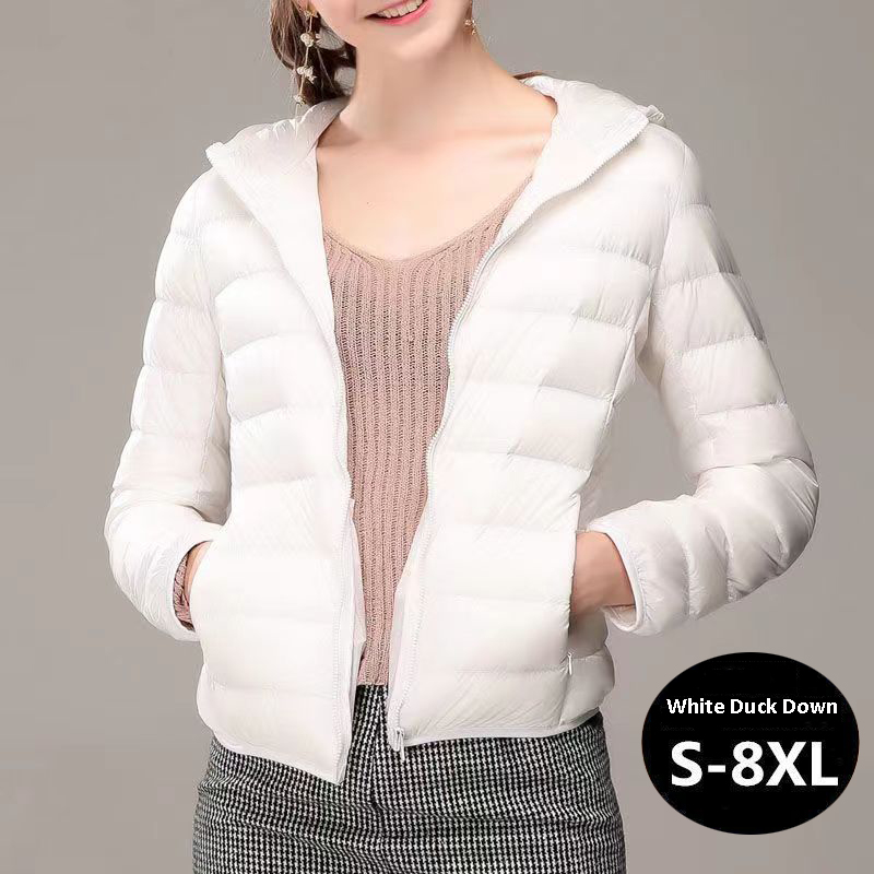8XL Frauen Weiße Ente Unten Jacken 6XL 5XL Weibliche Ultra Licht Ente Unten Mäntel Herbst Winter Warme Mit Kapuze Wandern Outwear Tragbare