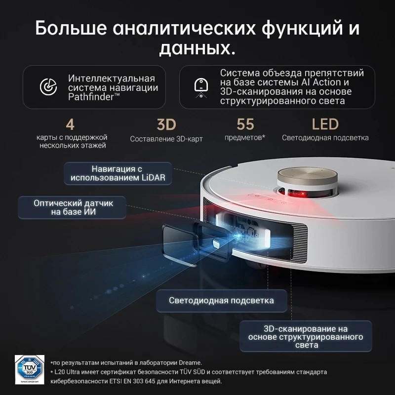 Робот-пылесос Dreame L20 Ultra complete , MopExtend™ Технология мытья пола вдоль стен,Определение высоты ворса ковров и автовыбор уборки,Технология автосъема швабр на базе при уборке ковров, всасывания 7000Па