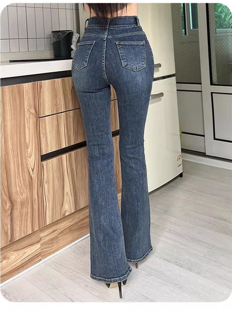 High Waist Flared Jeans Basic Versatile Slim Fit Double Buckle Retro Spring Autumn Women's Premium Denim Pants A·fashion