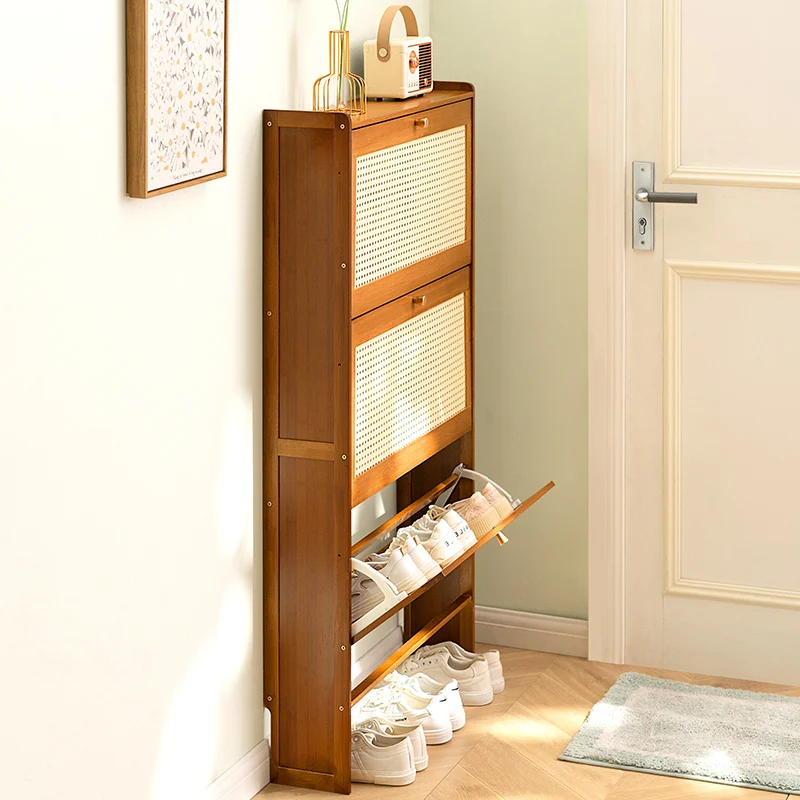 17cm Ultra-Thin Shoe Cabinet for Entryway Space-Saving Flip-Up Shoe Rack Large Capacity Storage Rack Hallway Bamboo Organizer