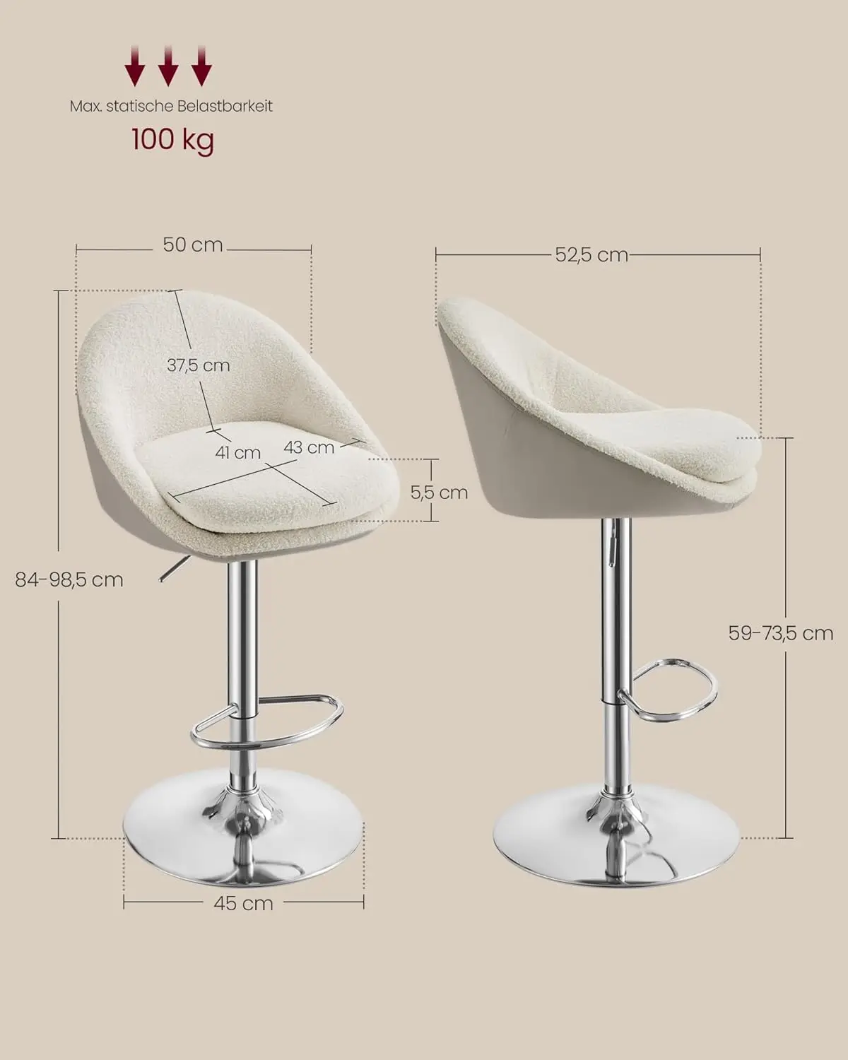 Barhocker, 2er Set, Barstuhl, höhenverstellbar, 360° drehbar, Küchenstuhl, mit Rückenlehne, Sockel, Fußstütze, Stahl, für Theke, Bar, Esszimmer, cremeweiß-Silbergrau LJB110W01