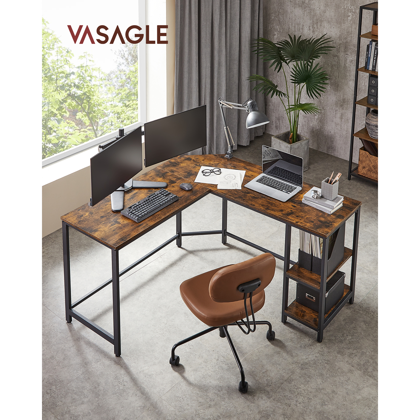 VASAGLE Computer Desk, L-Shaped Corner Desk, Gaming Desk, Workstation with 2 Storage Shelves for Home Office, 138x138x76cm