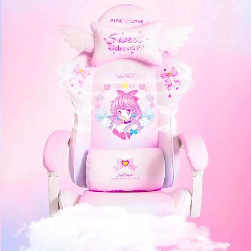 เบาะยางสำหรับยกและหมุนได้สำนักงานบ้าน Kursi GAMING การ์ตูนอนิเมะสีชมพูเก้าอี้คอมพิวเตอร์สำหรับการแข่งขันกีฬาอิเล็กทรอนิกส์