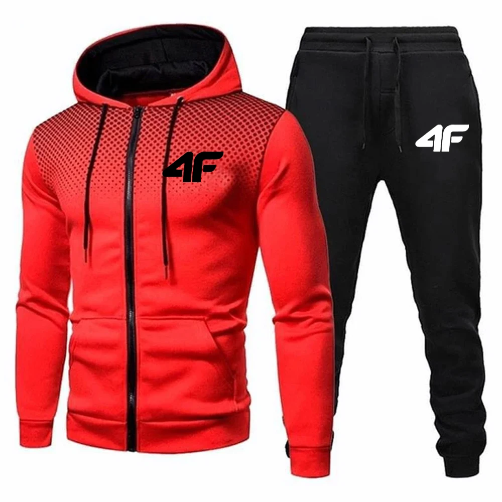 Chándal de otoño e invierno para hombre, pantalones de chándal para correr, conjunto de 2 piezas, chaqueta deportiva con cremallera y pantalones para correr, traje informal con estampado