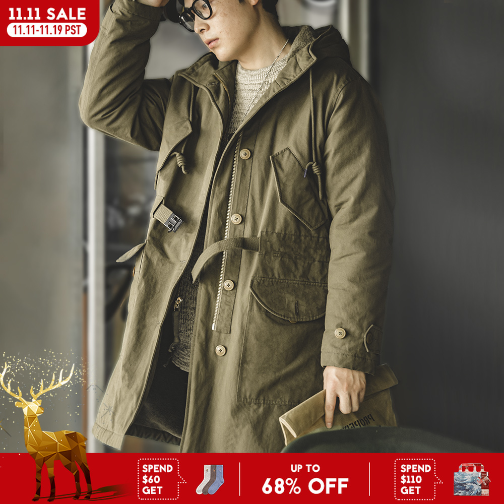 Maden Heavyweight M47 Parka für Herren, mittellanger, verdickter Kapuzenmantel, verstellbare Bündchen, warme, mit Fleece gefütterte Baumwolljacke für den Winter
