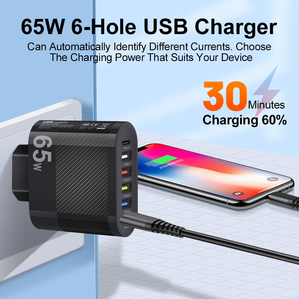 Muti 6 ポート充電器 65 ワット USB 高速急速充電 PD 携帯電話壁アダプタ Huawei 社メイト 60 Xiaomi 13Quick Charge 3.0