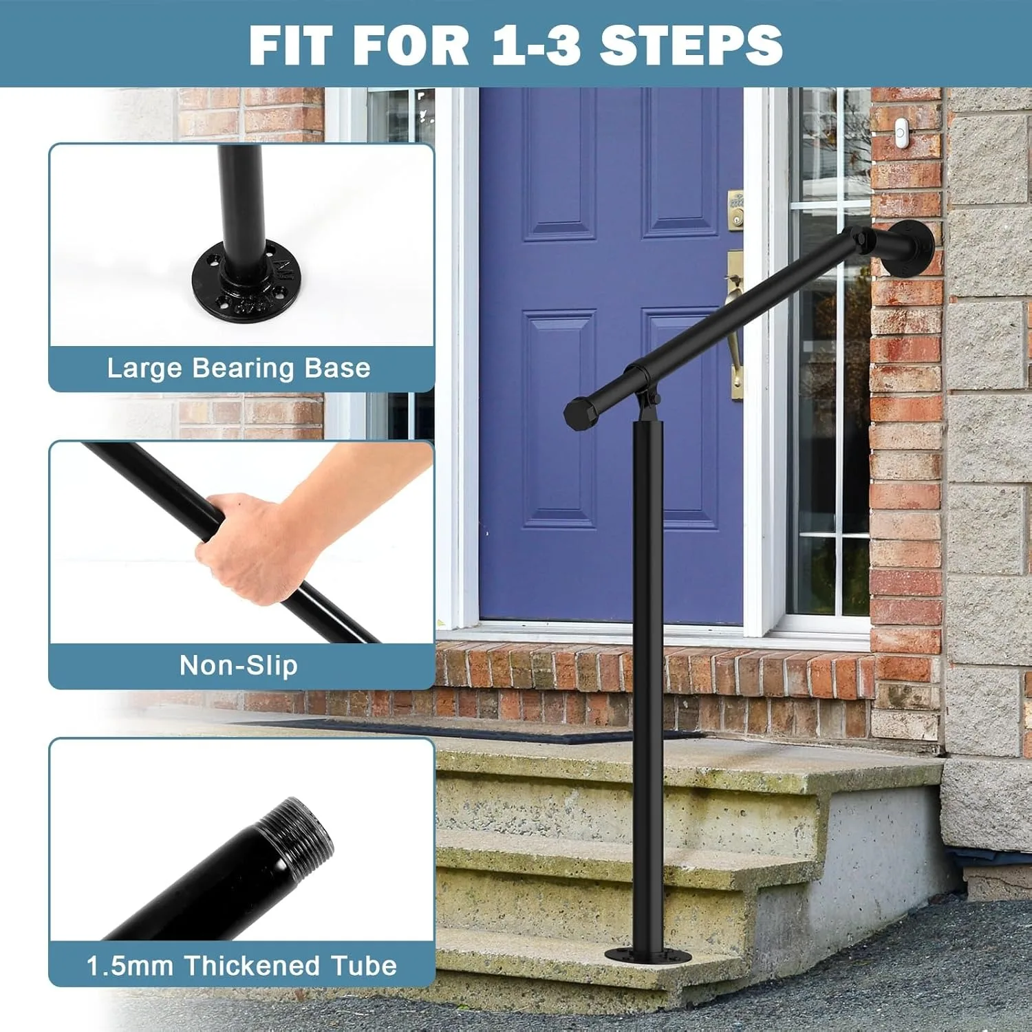 Hand Rails for Outdoor Steps,Metal Deck Railing Kit Fits 1 to 3 Steps,Railings for Outdoor Steps for Concrete,Porch Railing
