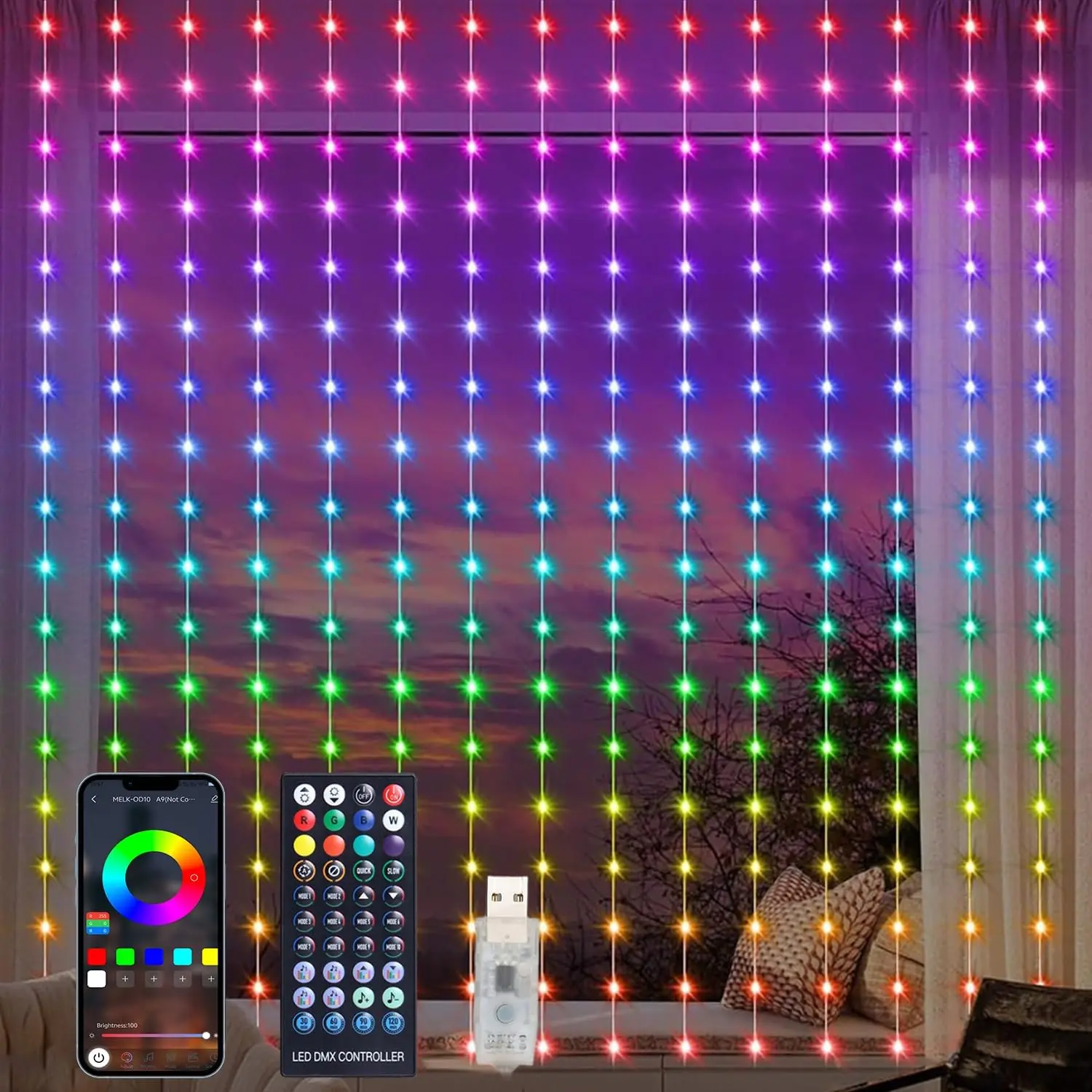 3M LED Smart Curtain Lights Bluetooth APP Control USB Colorful RGB Window Fairy Light For Bedroom Christmas Decor Wedding Party
