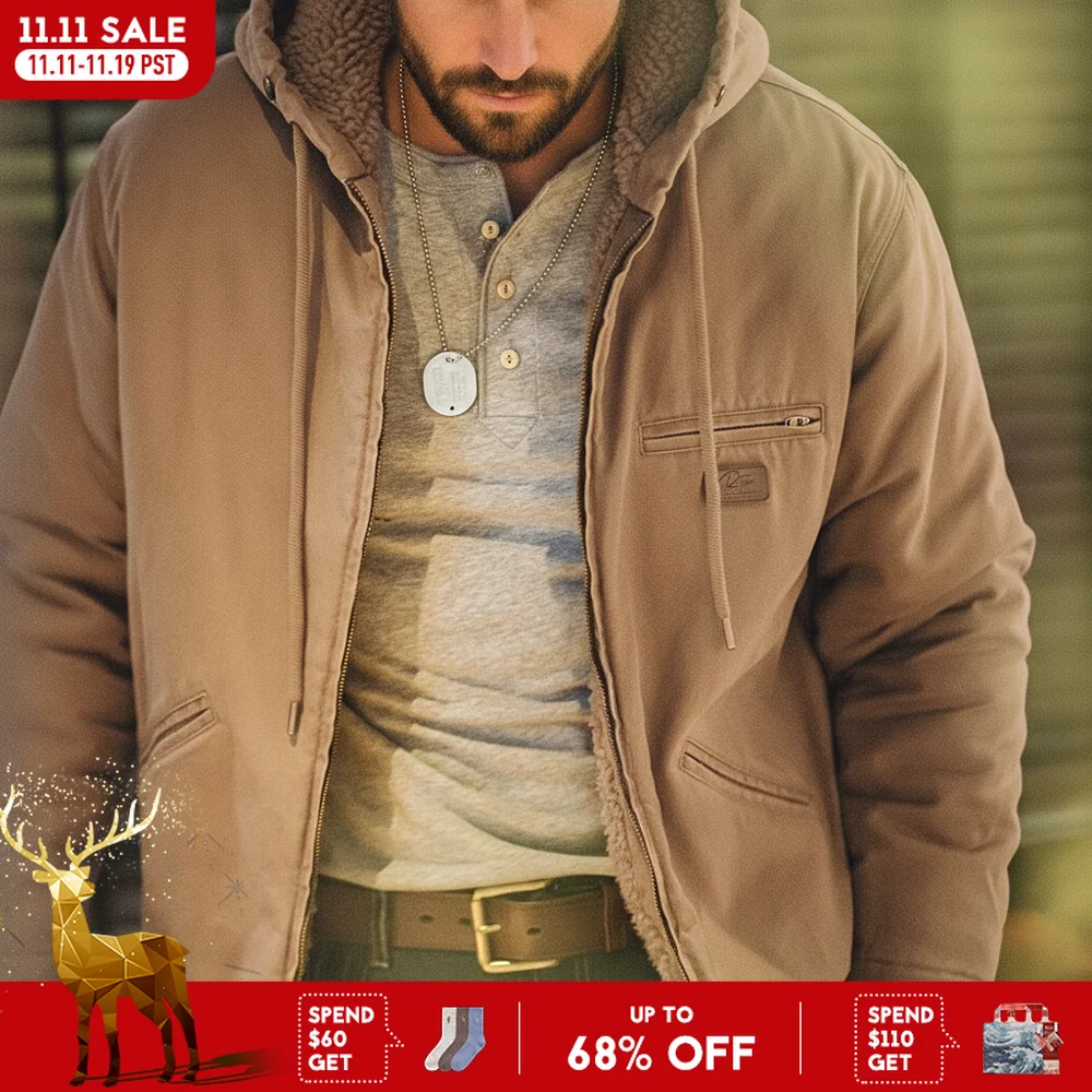 Maden retro j141 jaqueta com capuz ativo cor sólida sherpa velo algodão-acolchoado casaco com veludo quente lona outerwear para homem
