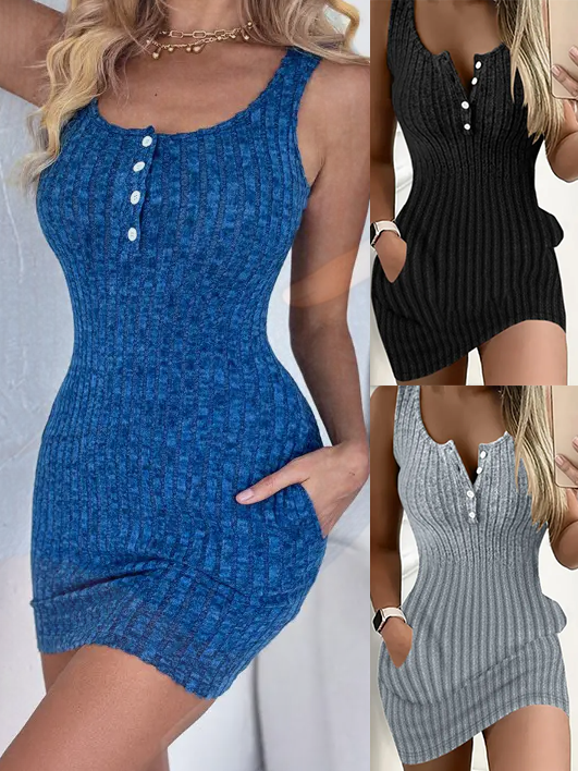 Vestido sin mangas con botones en la parte delantera y bolsillo, vestido ajustado elegante sin mangas para primavera y verano, ropa de mujer