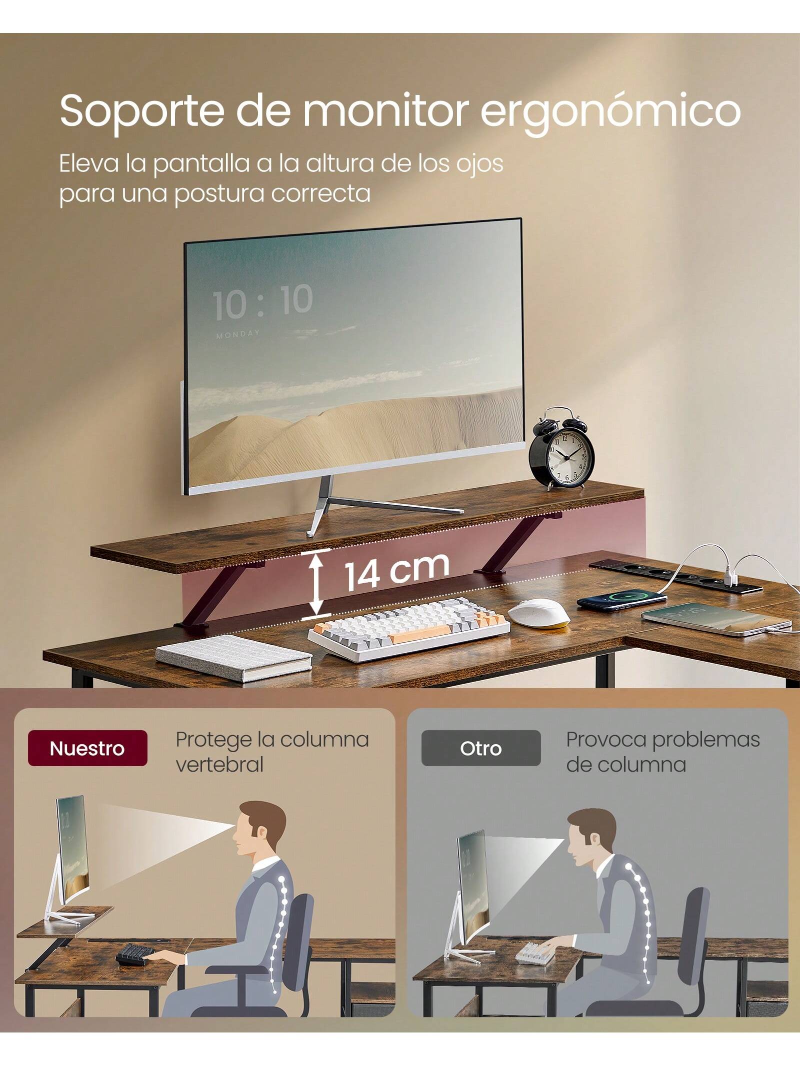 VASAGLE L-Shaped Gaming Desk: Power Outlets, Monitor Stand, LED Lights. 2 Drawers, Easy Assembly. Home Office. Rustic Brown.