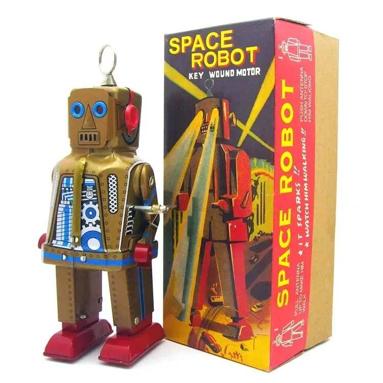 スペースロボットの機械式おもちゃ,クラシックなコレクション,レトロな時計,ウィンドアップ,金属製のウォーキング,キー巻き戻し,クリスマスプレゼント,面白い