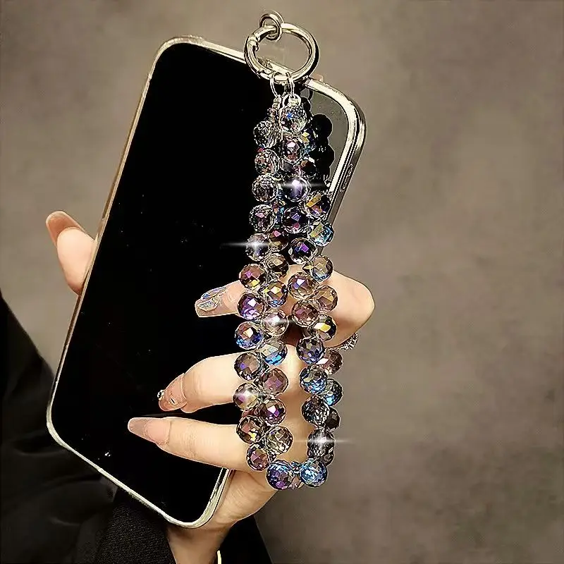 หรูหราประกายเพชรคริสตัลลูกปัดสายรัดข้อมือแบบพกพาสั้นแขวน Charm คลิปสําหรับ Universal ใช้บนเคสโทรศัพท์