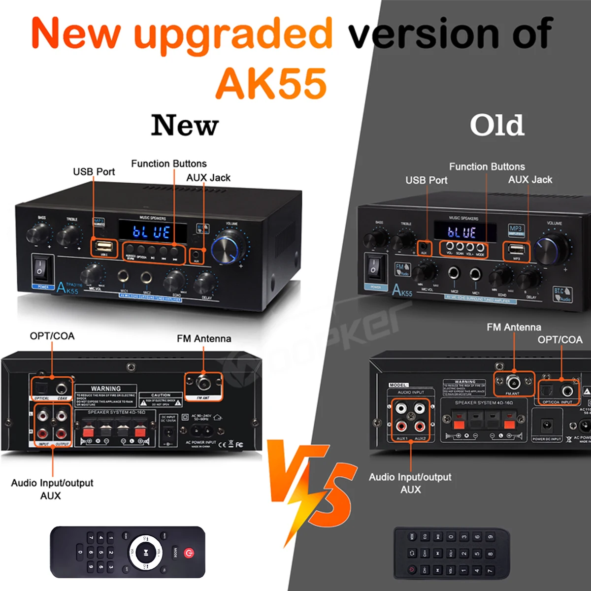 Woopker AK55 HiFi Audio Amplifier Max 900W Digital Bluetooth 5.3 AMP RMS 70W+70W Channel 2.0 Supports Dual MIC Inputs FM Radio