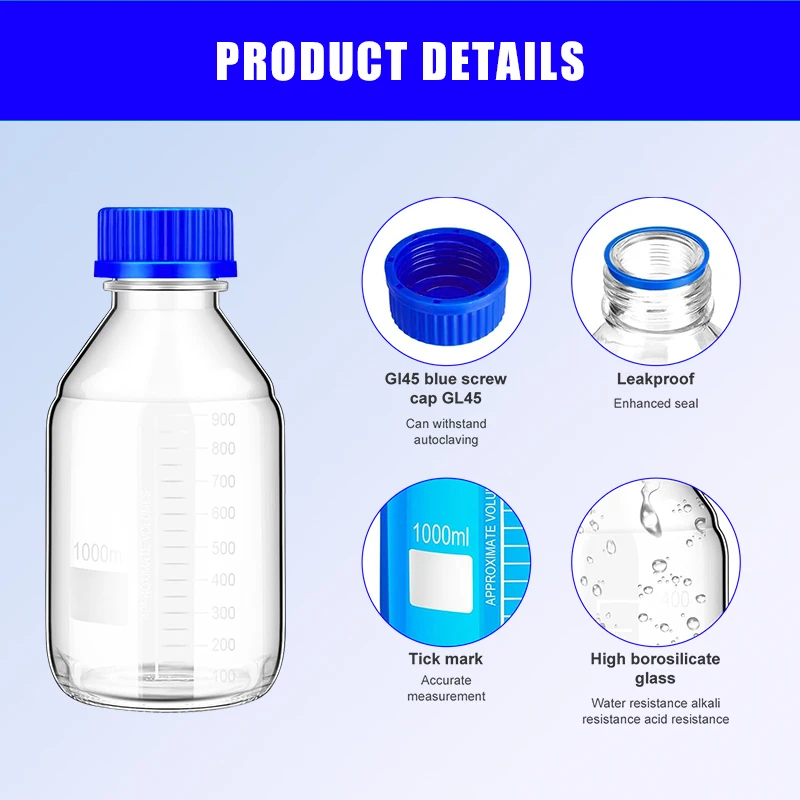 WESTTUNE 1 Pz 25-1000 ml Lab Marrone/Trasparente Bottiglia di reagente rotonda graduata Bottiglie di stoccaggio multimediale in vetro con tappi a vite GL45 blu