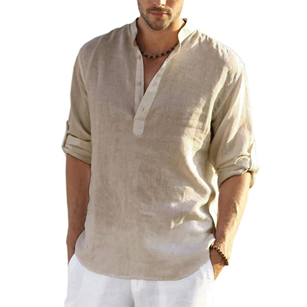 Nueva blusa informal para hombre, camisa de lino y algodón, camisetas holgadas, camiseta de manga larga, camisas informales para hombre guapo para primavera y otoño