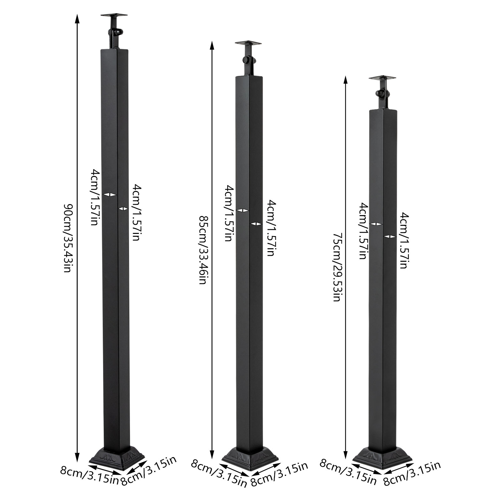 Stair Balusters Post, Black Square Metal Railing Spindles with Flat & Adjustable 270° Angle Bracket, Banister Column