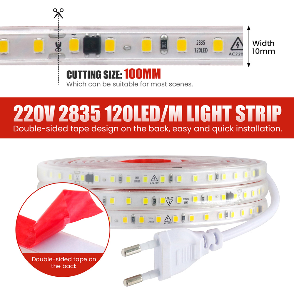 Impermeável LED Strip Light com IC, Fita flexível da lâmpada, Iluminação Home, Branco, AC 220V, IP67, 120 LEDs, 0.5m, 1m, 2m, 5m, 10m, 20m, 50m
