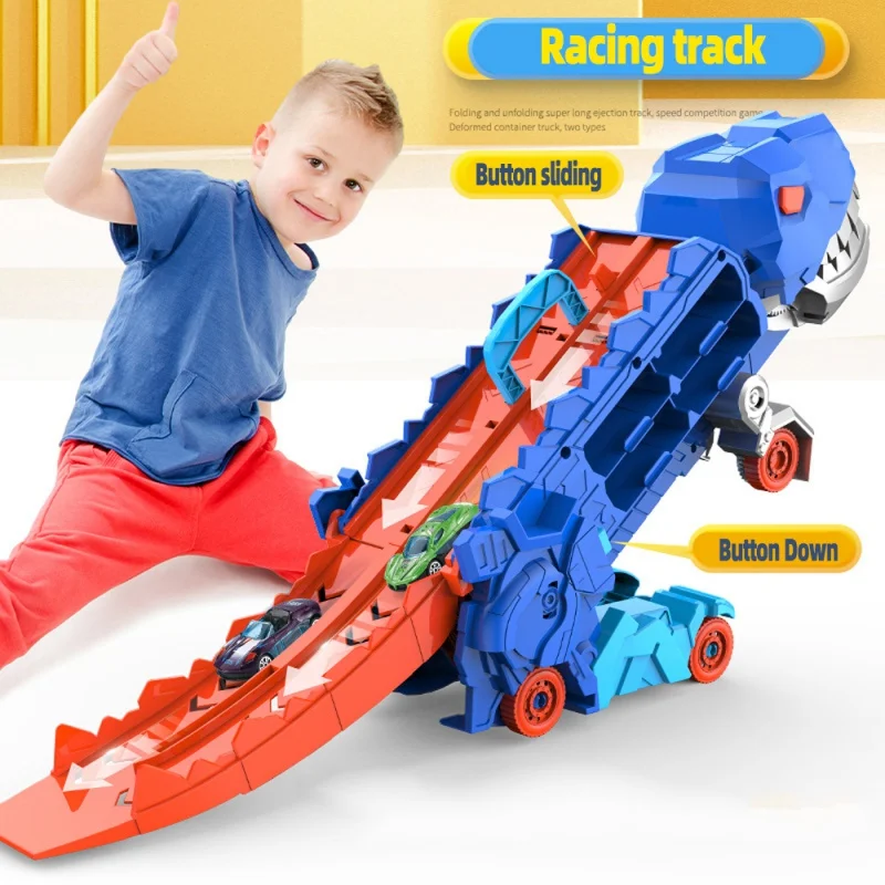 Nieuw product opvouwbare dinosaurus Transporter Autospeelgoed competitieve spelrol om gegoten auto's te eten en op te bergen (Kom met 2 metalen auto's)