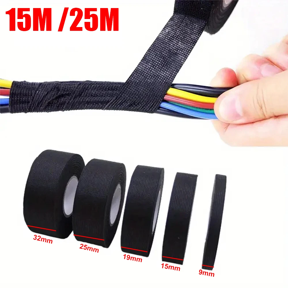 1-4 Uds 15/25M arnés de cables de alta temperatura cinta de envoltura autoadhesiva arnés de cableado automotriz cinta de tela para amortiguación de ruido de coche