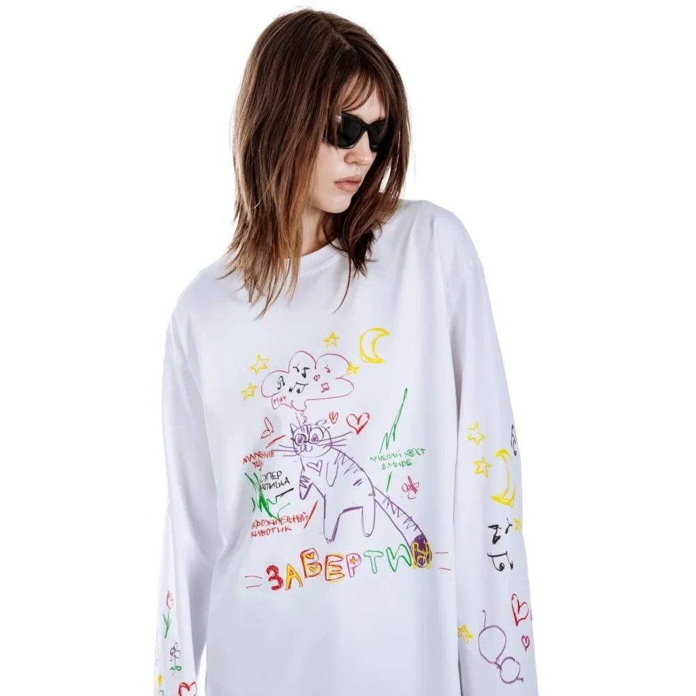 特大紳士服ストリート漫画猫プリント秋ヒップホップ韓国長袖 Y2k トップ Tシャツ綿グラフィックユニセックス Tシャツ