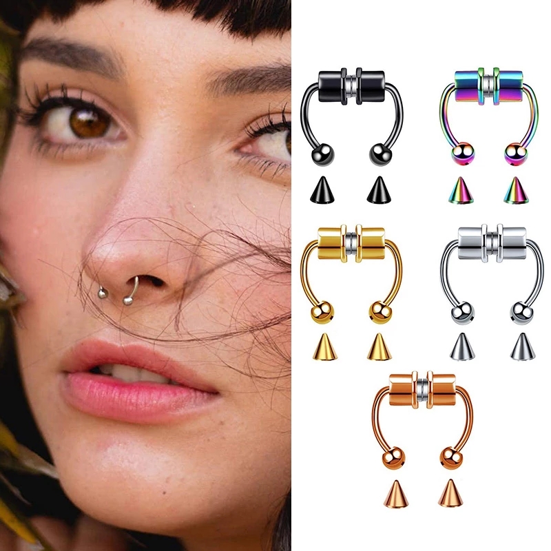 Ímã de aço inoxidável anel de nariz falso para mulheres, piercing do septo, moda, gótico, rocha, jóia do corpo, presentes, 5pcs