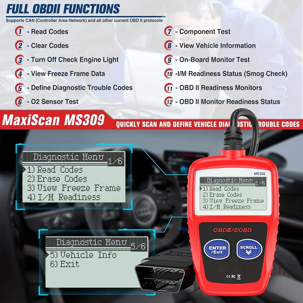 Ferramenta de diagnóstico de carro avançada plus-escáner de leitor de código de falhas ms309 obd2 obdii eobd atualizado com detecção de erro aprimorada