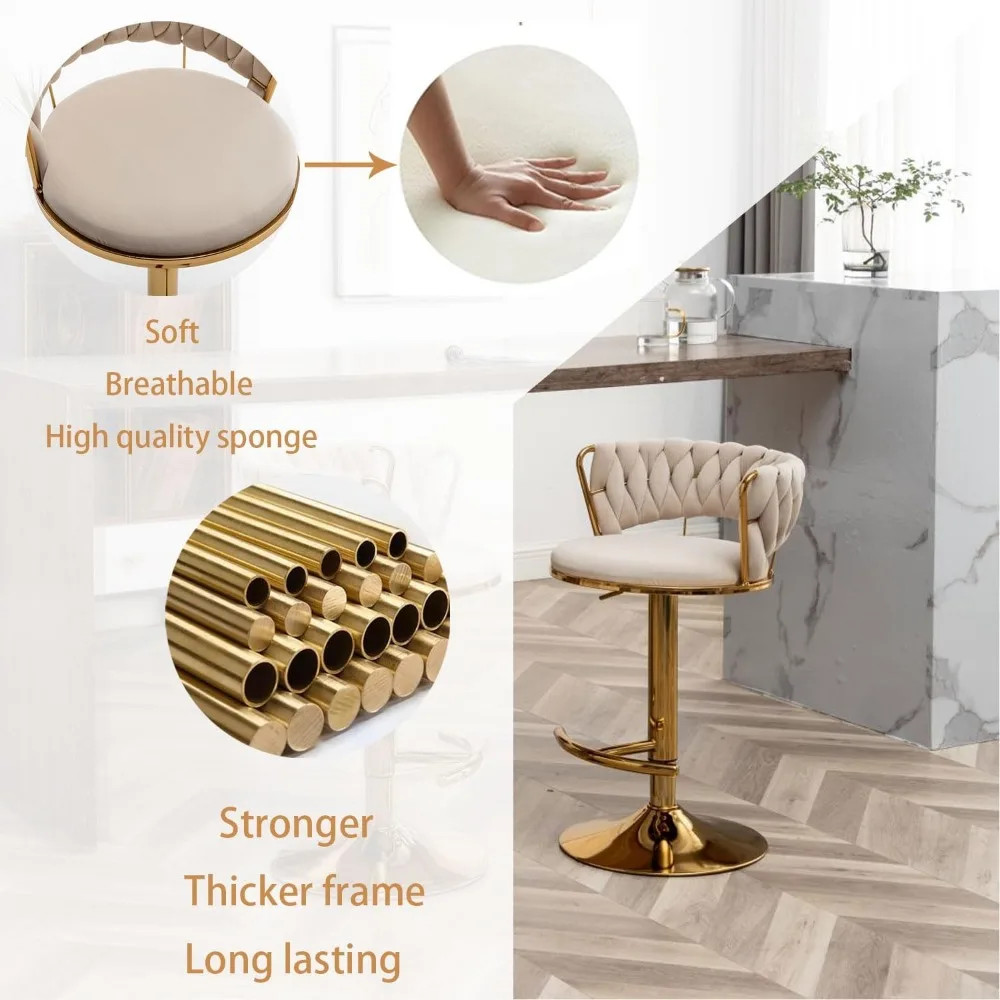 Gold Velvet Bar Stools Set of 4, Counter Height Bar Stools with Low Back, Swivel Stool for Kitchen Island, Bar Pub, Stools