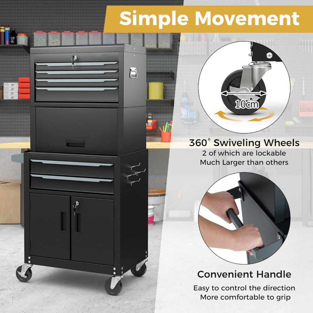 Large Tool Cabinet, Lockable Metal Tool Chest Combo with Detachable Top Cabinet, Wheels, 6 Drawers & Hooks, Workbenches