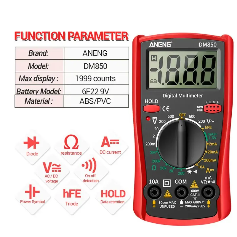 Multímetro Digital profesional DM850, probador de voltaje CA/CC automático 1999, amperímetro de corriente Ohm, sonda de prueba, herramienta de detección profesional