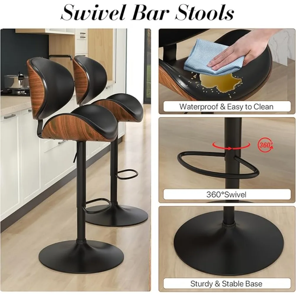 Bar Stools Set of 1 or 2, Swivel Adjustable Height Barstools, PU Leather Upholstered Bars Chair w/Footrest, Bentwood Bar Stool