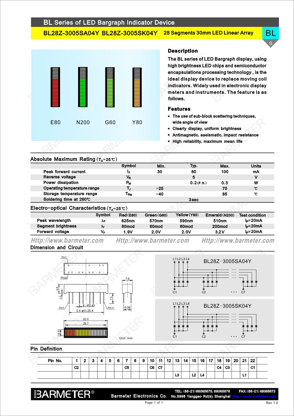 Factory Outlets--2pcs BL28Z-3005SA04Y Used for audio equipment display device 28segment yellow LED light bar display device