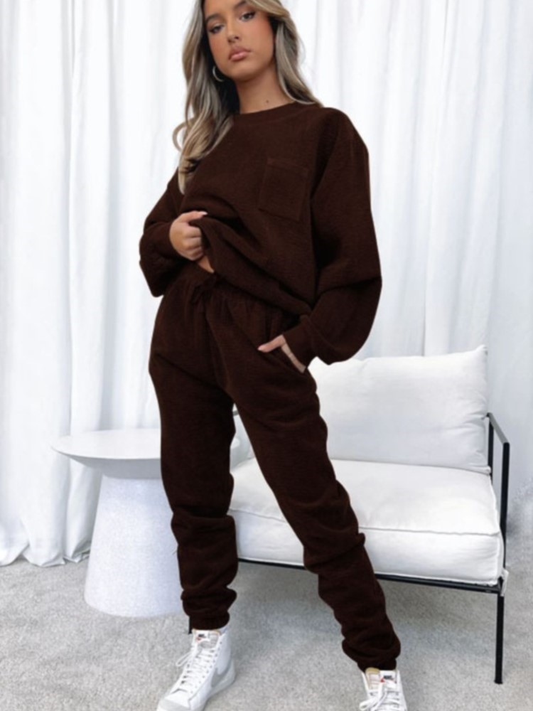 秋と冬の新コーデュロイ無地プルオーバー長袖女性のスーツカジュアルスポーツファッションパンツ女性のための 2 個セット