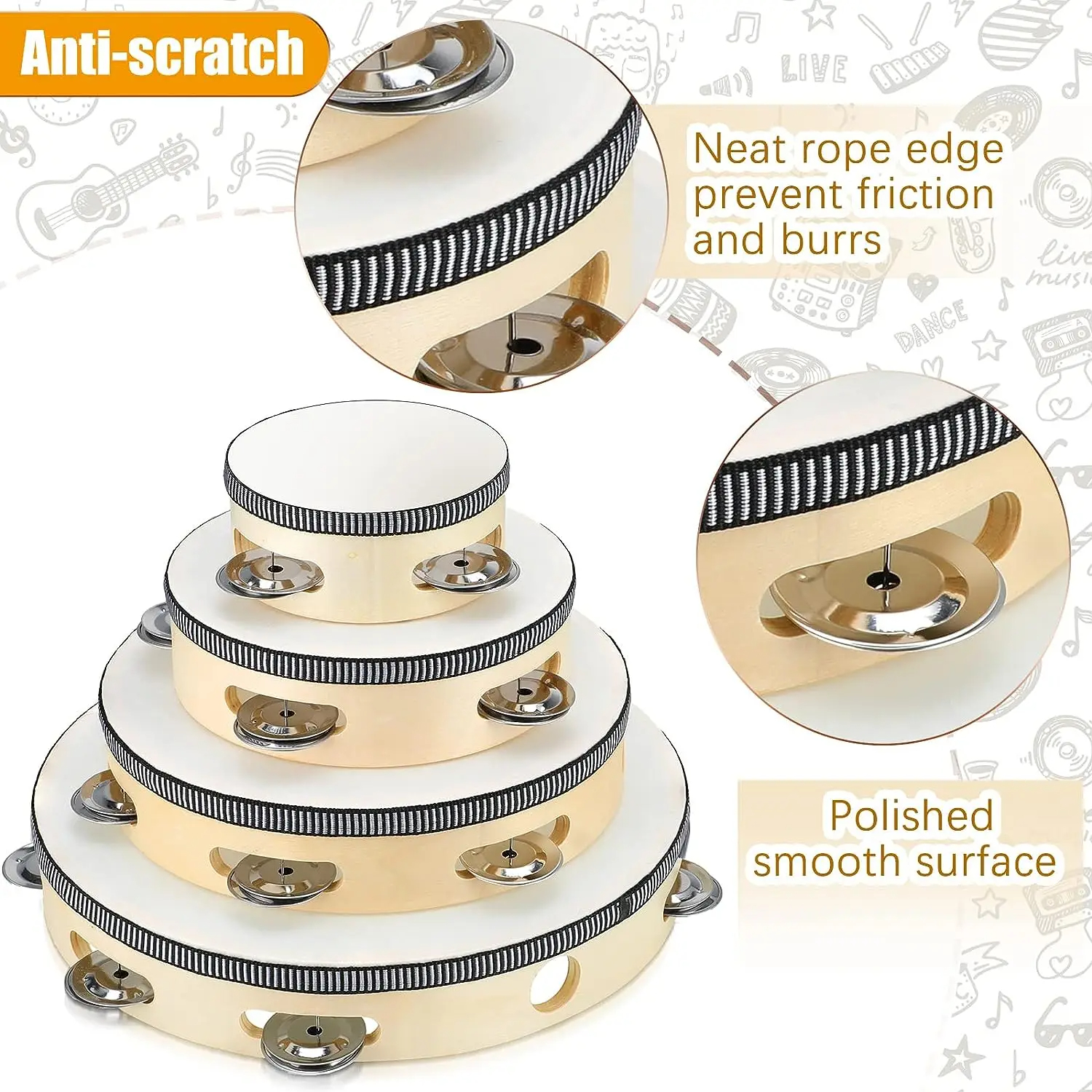 1Pc 나무 탬버린 4/6/8/10 인치 베이지 림 금속 징글 포함 콘서트 교회 Pa를위한 뮤지컬 교육 타악기