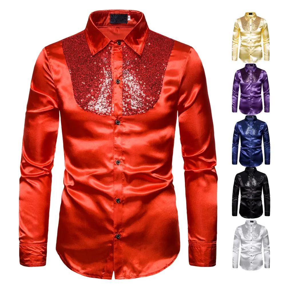 ชายเสื้อ Glitter Sequins ผู้ชายแฟชั่นเซ็กซี่เสื้อลําลองเทศกาลจัดเลี้ยง STAGE Performance งานแต่งงานโฮสต์พรหมผู้ชาย