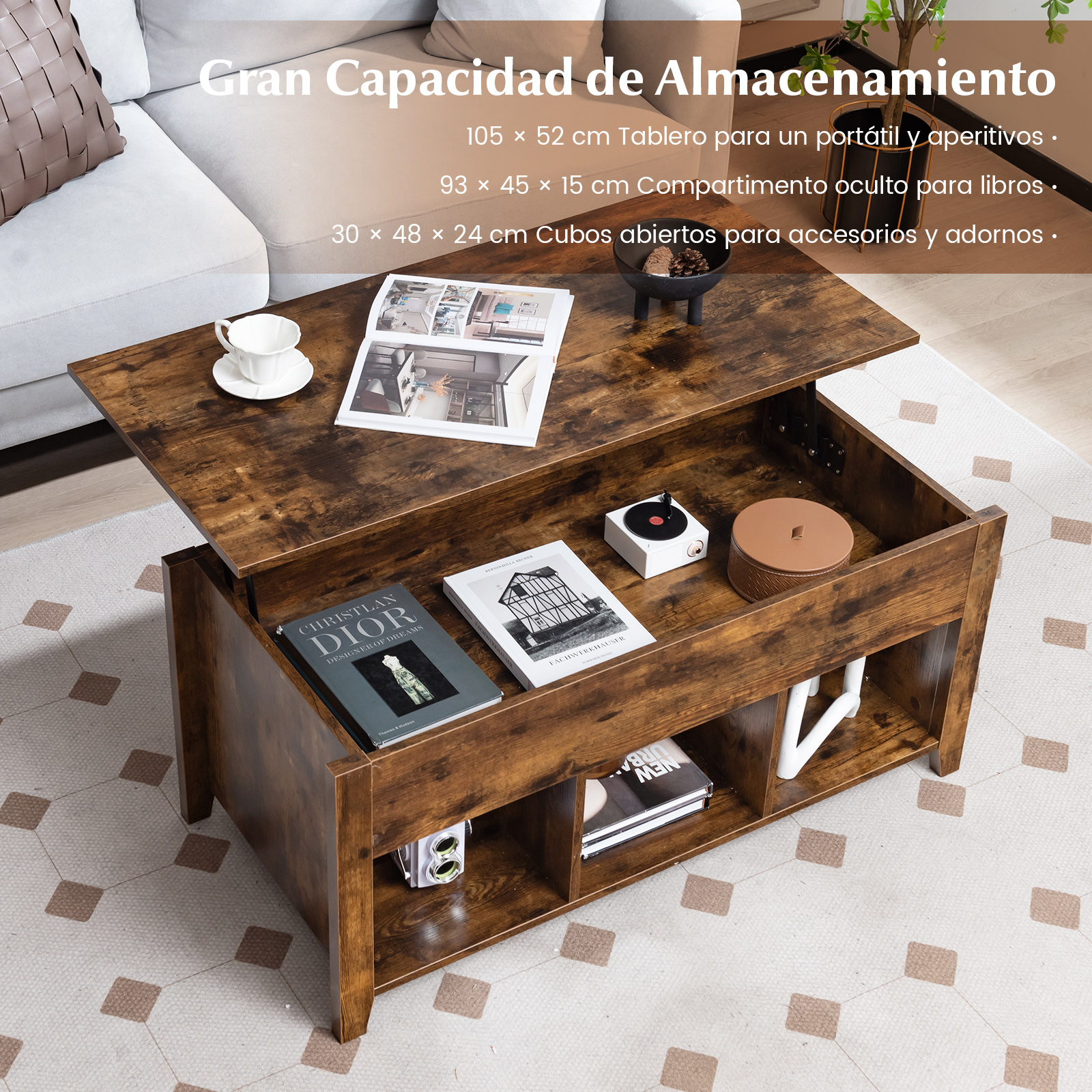 Mesa de Centro Elevable de Madera con Compartimiento 104,5x49,5x48,5 Centímetros Mesa de Café para Salón Jardín