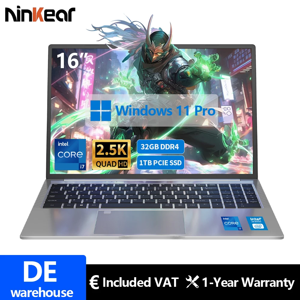 Ninkear Laptop 16" 13a generazione Intel i7-13620H 32 GB DDR4 + 1 TB SSD 2,5 K IPS 120 Hz Sblocco facciale Notebook da ufficio WiFi6 Computer da gioco