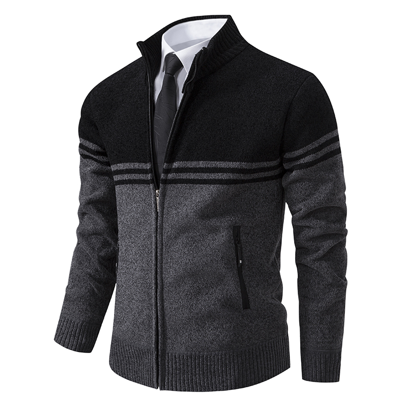 Novo suéter de inverno masculino grosso lã quente camisola casual gola com zíper cardigan moda casaco listrado