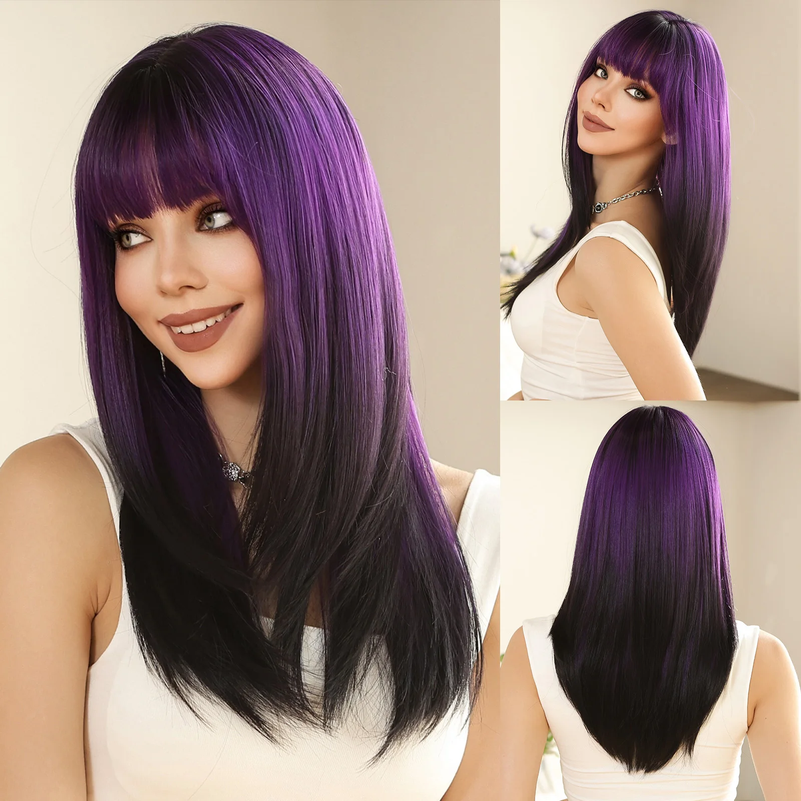 Gerade geschichtete synthetische Perücken Lila Schwarz Ombre Perücke mit Pony Mittellange farbige Cosplay-Perücke für Frauen Hitzebeständige Perücke