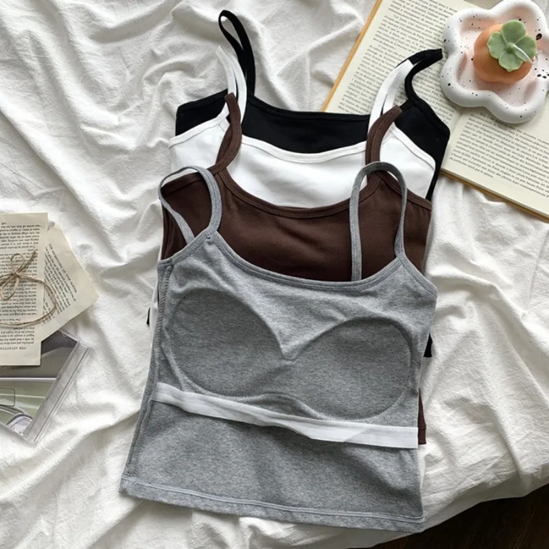 Women's Solid Color Spaghetti Straps Sleeveless Slim Camisole with Chest Pad Cotton Summer Wear Outside Female Short Tops Vests