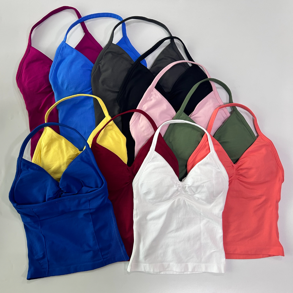 Top de gimnasio con tiras palangre sin costuras, ropa de gimnasio sin espalda, sujetador incorporado con copas extraíbles, camisetas sin mangas de Yoga