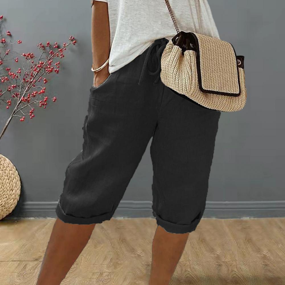Calças de cintura elástica com bolsos para mulheres, estilo vintage, respirável, comprimento do joelho, cordão, calças sólidas