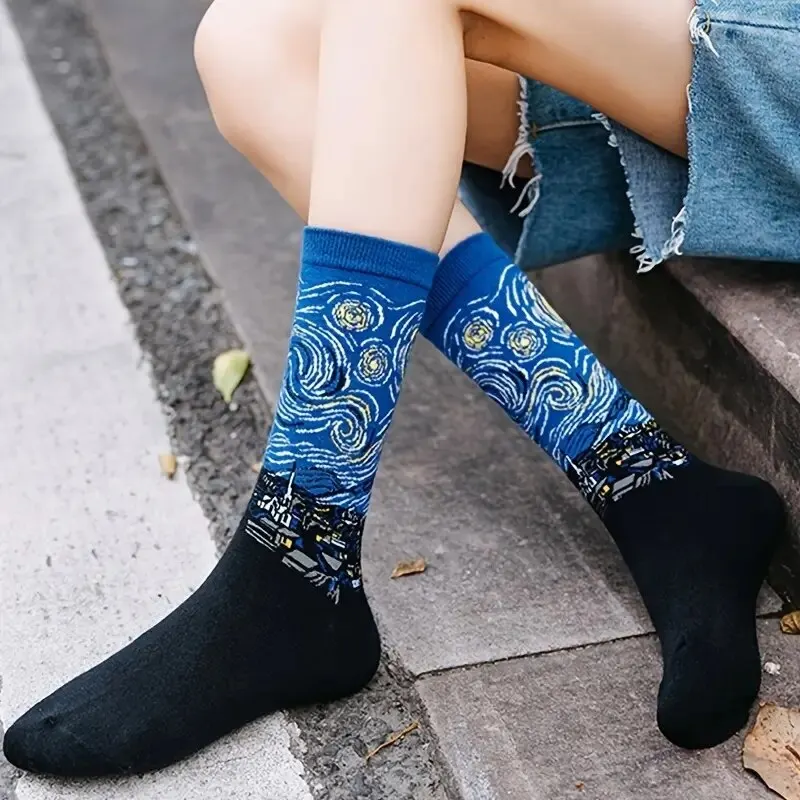 Calcetines artísticos con pintura al óleo abstracta Retro para hombre, calcetín moderno para monopatín, Van Gogh, noche estrellada, feliz, pintura al óleo, 1 par