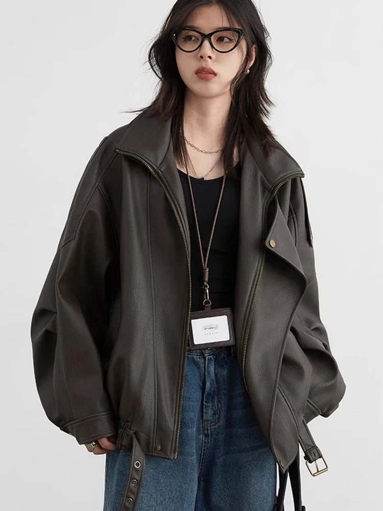 CHIC VEN Damska kurtka PU Solid Loose New Retro Standing Collar Motorcycle Faux Leather Coat Damski top Wiosna Jesień 2024